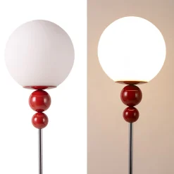 Lampadaire Multiboule en Métal Rouge Bordeaux avec Sphère Blanche Opale Design Moderne, Douille E27