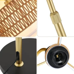 Lampadaire Nettlife boho en rotin avec telecommande LED E27 style vintage hauteur reglable 165 a 180 cm dore