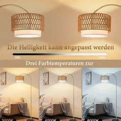 Lampadaire Nettlife boho en rotin avec telecommande LED E27 style vintage hauteur reglable 165 a 180 cm dore