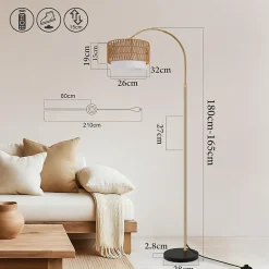 Lampadaire Nettlife boho en rotin avec telecommande LED E27 style vintage hauteur reglable 165 a 180 cm dore