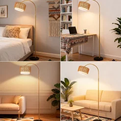 Lampadaire Nettlife boho en rotin avec telecommande LED E27 style vintage hauteur reglable 165 a 180 cm dore