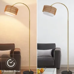 Lampadaire Nettlife boho en rotin avec telecommande LED E27 style vintage hauteur reglable 165 a 180 cm dore