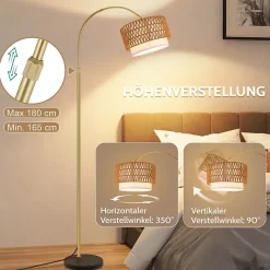 Lampadaire Nettlife boho en rotin avec telecommande LED E27 style vintage hauteur reglable 165 a 180 cm dore