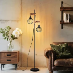 Lampadaire nettlife noir lampadaire salon bois - lampadaire vintage 2 ampoules en métal avec interrupteur e27 152cm (sans ampoule)