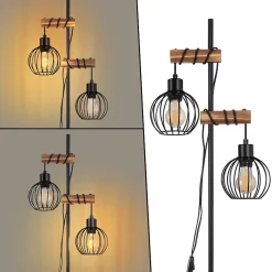 Lampadaire nettlife noir lampadaire salon bois - lampadaire vintage 2 ampoules en métal avec interrupteur e27 152cm (sans ampoule)