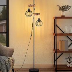 Lampadaire nettlife noir lampadaire salon bois - lampadaire vintage 2 ampoules en métal avec interrupteur e27 152cm (sans ampoule)