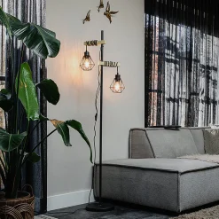 Lampadaire rustique noir avec bois 2 lumières - Chon