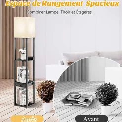 Lampadaire Salon avec 3 Étagères et Tiroir Lampadaire Autoportant Moderne avec Luminosité Réglable et 1 Port USB