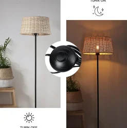 Lampadaire Serena en Bambou Naturel Tressé à la Main avec Interrupteur de Câble et Douille E27 pour Salon et Chambre