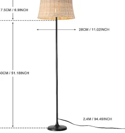 Lampadaire Serena en Bambou Naturel Tressé à la Main avec Interrupteur de Câble et Douille E27 pour Salon et Chambre