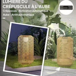 Lampadaire solaire LED en résine tressée filaire style boho dia. 30 x 55H cm beige