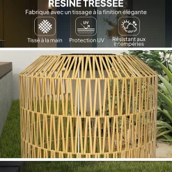 Lampadaire solaire LED en résine tressée filaire style boho dia. 30 x 55H cm beige