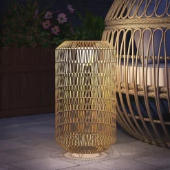 Lampadaire solaire LED en résine tressée filaire style boho dia. 30 x 55H cm beige