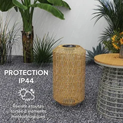 Lampadaire solaire LED en résine tressée filaire style boho dia. 30 x 55H cm beige