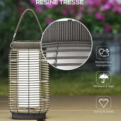 Lampadaire solaire LED portable style colonial dia.18 x 37 cm résine tressée grise