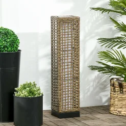 Lampadaire solaire LED style exotique H.69 cm résine tressée aspect rotin naturel