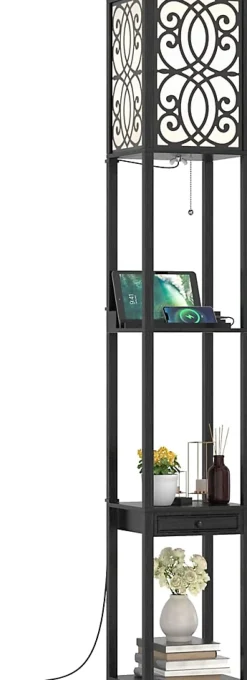 Lampadaire sur Pied à 3 Niveaux, avec Douilles E27, étagères et Tiroir de Rangement, pour Salon, Chambre, Balcon (Modèle B)