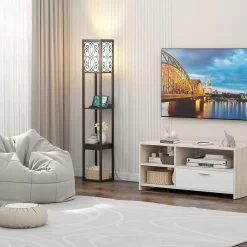Lampadaire sur Pied à 3 Niveaux, avec Douilles E27, étagères et Tiroir de Rangement, pour Salon, Chambre, Balcon (Modèle B)