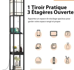 Lampadaire sur Pied à 3 Niveaux, avec Douilles E27, étagères et Tiroir de Rangement, pour Salon, Chambre, Balcon (Modèle A)