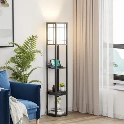 Lampadaire sur Pied à 3 Niveaux, avec Douilles E27, étagères et Tiroir de Rangement, pour Salon, Chambre, Balcon (Modèle A)