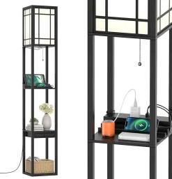 Lampadaire sur Pied à 3 Niveaux, avec Douilles E27, étagères et Tiroir de Rangement, pour Salon, Chambre, Balcon (Modèle A)
