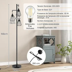 Lampadaire sur Pied Vintage 3 Têtes en Forme de Larme Lampe Salon Design avec Hauteur 168CM Lampadaire Arbre Rustique Noir