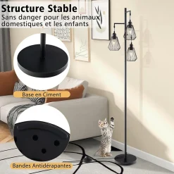 Lampadaire sur Pied Vintage 3 Têtes en Forme de Larme Lampe Salon Design avec Hauteur 168CM Lampadaire Arbre Rustique Noir