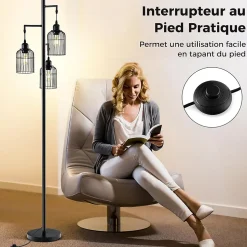 Lampadaire sur Pied Vintage Cage Métallique Interrupteur au Sol Lampadaire Salon en Forme Arbre en Métal pour Bureau Noir