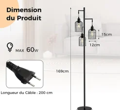 Lampadaire sur Pied Vintage Cage Métallique Interrupteur au Sol Lampadaire Salon en Forme Arbre en Métal pour Bureau Noir