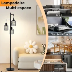 Lampadaire sur Pied Vintage Cage Métallique Interrupteur au Sol Lampadaire Salon en Forme Arbre en Métal pour Bureau Noir