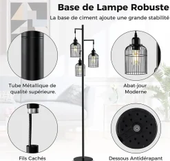 Lampadaire sur Pied Vintage Cage Métallique Interrupteur au Sol Lampadaire Salon en Forme Arbre en Métal pour Bureau Noir