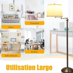 Lampadaire sur Pieds avec Bras Oscillant Rotative,avec Abat-jour,Interrupteur au Pied,Ampoules de E27 40W,pour Salon,Bureau