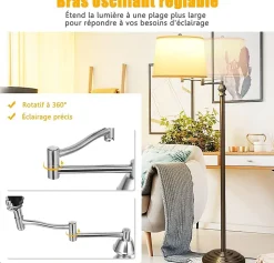 Lampadaire sur Pieds avec Bras Oscillant Rotative,avec Abat-jour,Interrupteur au Pied,Ampoules de E27 40W,pour Salon,Bureau