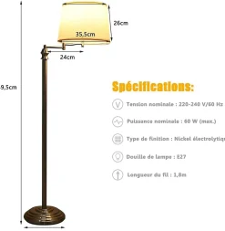 Lampadaire sur Pieds avec Bras Oscillant Rotative,avec Abat-jour,Interrupteur au Pied,Ampoules de E27 40W,pour Salon,Bureau