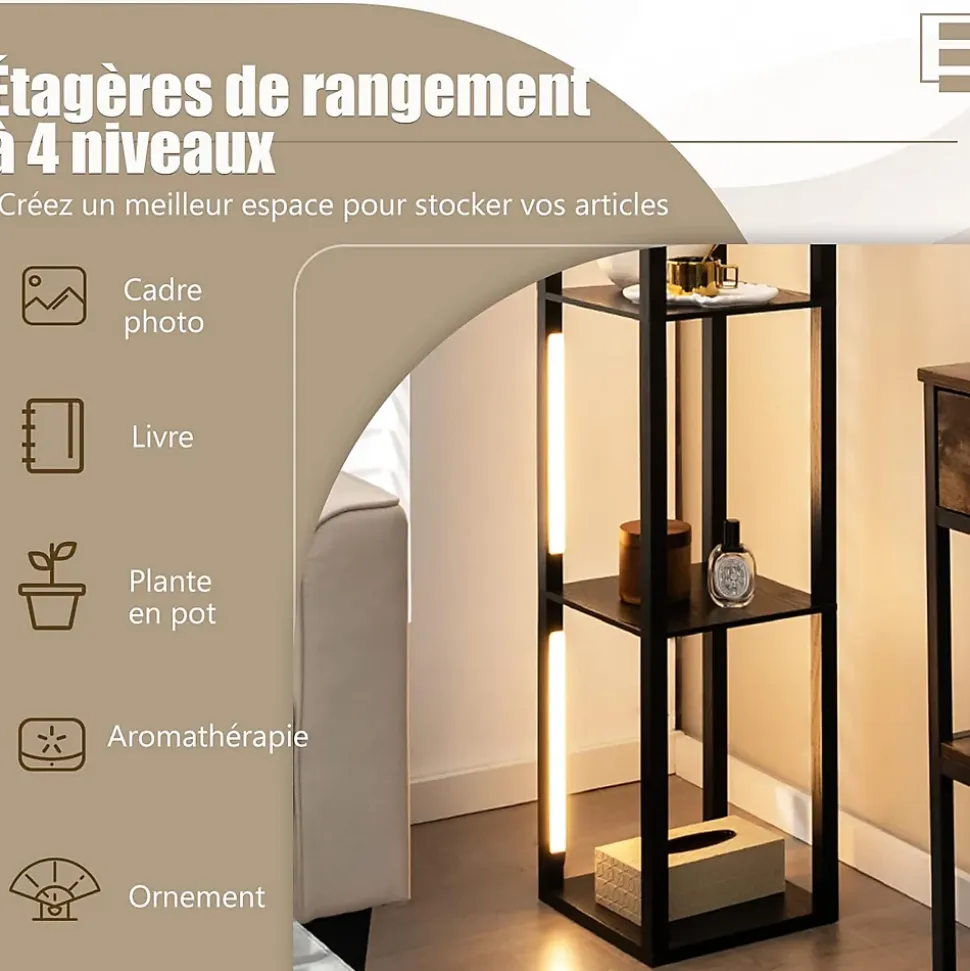 Lampadaire étagères 4 Niveaux avec 3 Luminosités Réglable Poteaux LED Rotatifs Style Moderne