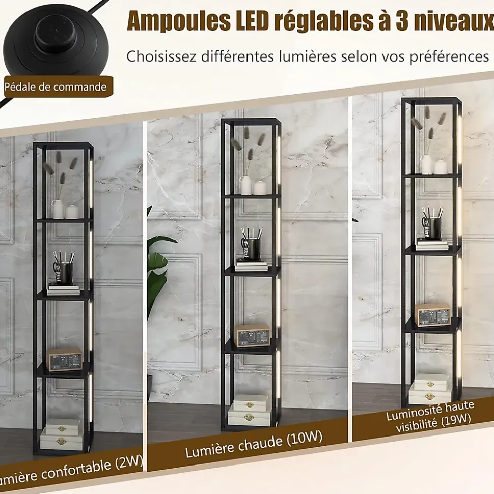 Lampadaire étagères 4 Niveaux avec 3 Luminosités Réglable Poteaux LED Rotatifs Style Moderne