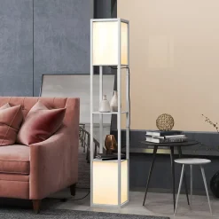 Lampadaire étagères design H.156 cm double éclairage abat-jour tissu blanc