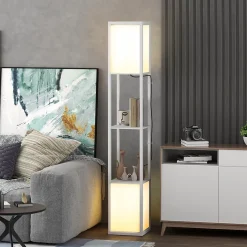 Lampadaire étagères design H.156 cm double éclairage abat-jour tissu blanc