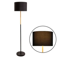 Lampadaire textile 'TESSILE', lampadaire en métal, bois d'hévéa et tissu noir, et naturel, douille E27, hauteur 126 cm
