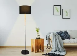 Lampadaire textile 'TESSILE', lampadaire en métal, bois d'hévéa et tissu noir, et naturel, douille E27, hauteur 126 cm