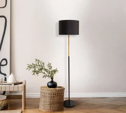 Lampadaire textile 'TESSILE', lampadaire en métal, bois d'hévéa et tissu noir, et naturel, douille E27, hauteur 126 cm