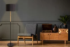 Lampadaire textile 'TESSILE', lampadaire en métal, bois d'hévéa et tissu noir, et naturel, douille E27, hauteur 126 cm