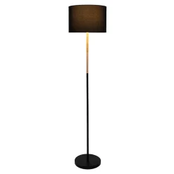 Lampadaire textile 'TESSILE', lampadaire en métal, bois d'hévéa et tissu noir, et naturel, douille E27, hauteur 126 cm