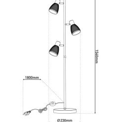 Lampadaire trois spots LINDITA 154 cm metal verre noir style retro hauteur 154 cm D: 23 cm douille E14 interrupteur a cordon