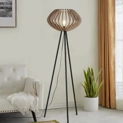 Lampadaire trépied en bois METTE abat-jour industriel style bohème moderne avec interrupteur au pied pour salon E27