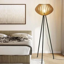 Lampadaire trépied en bois METTE abat-jour industriel style bohème moderne avec interrupteur au pied pour salon E27