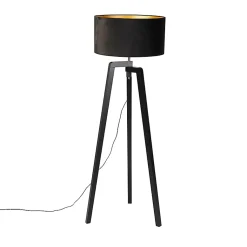 Lampadaire trépied en bois noir avec abat-jour noir 50 cm - Puros