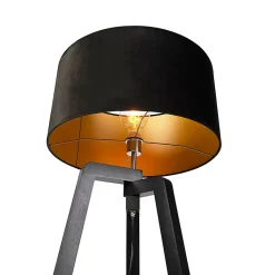 Lampadaire trépied en bois noir avec abat-jour noir 50 cm - Puros