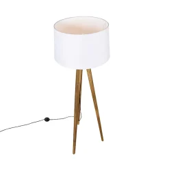 Lampadaire trépied rustique vintage en bois avec abat-jour en lin blanc 45 cm - Tripod Classic