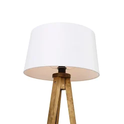 Lampadaire trépied rustique vintage en bois avec abat-jour en lin blanc 45 cm - Tripod Classic